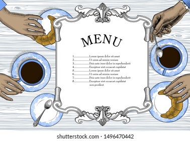 Coffee menu. Female hands with a coffee cups. Coffee concept. Vintage engraving stylized drawing. Vector illustration