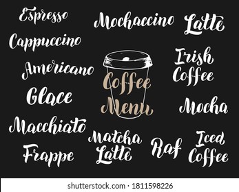 Coffee Menu Font Set. Coffee Types Lettering Text For Product Or Package Design. Restaurant Typographic Template On Black Background. Vector Eps 10.