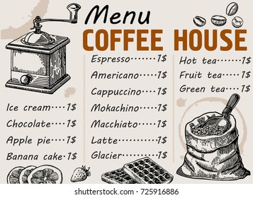 Coffee menu food restaurant brochure, coffee shop template design. Vintage creative dinner template with hand-drawn graphic. Vector coffee menu flyer. Gourmet menu board.