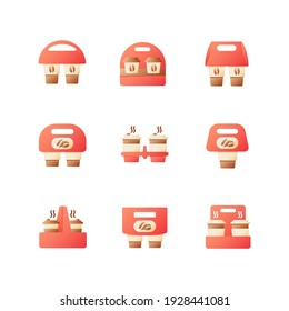 Coffee menu to go vector flat color icon set. Americano take away package. Drinks in packs for take out. Cartoon style clip art for mobile app pack. Isolated RGB illustration bundle