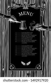 Coffee menu. Hand with a coffee cup and old arabian turk. Coffee concept. Vintage engravings stylized as a drawing.