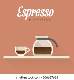 Coffee menu icon: cup of coffee and coffee pot.  Buttons for web and apps. Coffee beverages types and preparation: espresso. Vector illustration.