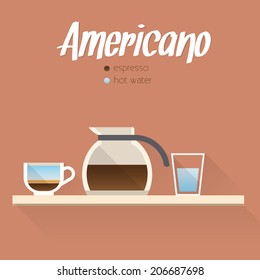 Coffee menu icon: cup of coffee and coffee pot.  Buttons for web and apps. Coffee beverages types and preparation: americano. Vector illustration.