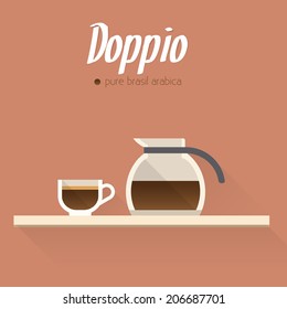 Coffee menu icon: cup of coffee and coffee pot.  Buttons for web and apps. Coffee beverages types and preparation: doppio. Vector illustration.