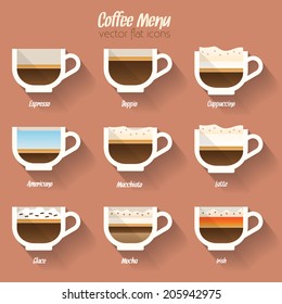 Coffee menu icon set. Buttons for web and apps. Coffee beverages types and preparation: espresso, doppio, mocha, macchiato, americano, latte, glace, irish, cappuccino. Vector illustration.