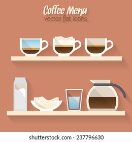 Coffee menu icon set. Buttons for web and apps. Coffee beverages types and preparation: espresso, americano, latte, cappuccino. Flat style vector illustration.