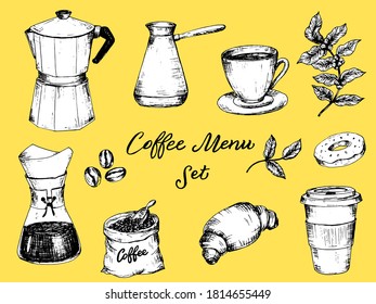 Conjunto de ilustraciones del menú Café. Plantilla de diseño de menú de restaurante o café con cafetera, frijol, hojas y taza. Elementos de envasado de café. Vector eps 10.