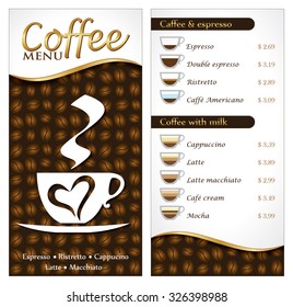 The coffee menu info-graphics on a coffee beans background. Vector illustration.
