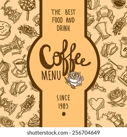 Coffee menu label with drink cups mugs and dessert on background vector illustration