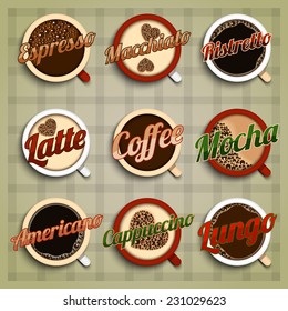 Coffee menu labels set with espresso macchiato ristretto latte mocha americano cappuccino lungo isolated vector illustration