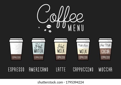 A coffee menu layout. Coffee of your choice. Vector flat illustration. Espresso guide. Types of coffee beverages for menu shop, bar or restaurant. Hand drawn by chalk on black backdrop.