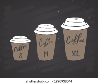 Menú de café, gráfico de tamaño de tazas con carteles manuscritos, texto caligráfico de grunge dibujado a mano. Ilustración vectorial.