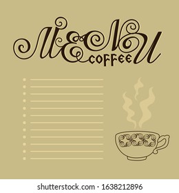 coffee menu on a beige lined background with a cup of coffee, color vector illustration