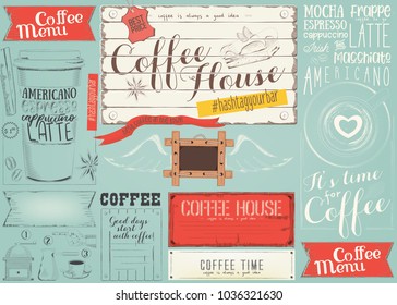 Coffee Menu Placemat Design. Colorful Template for Coffee Shop, Coffee House and Cafe. Retro Style on Blue Background. Vector Illustration.