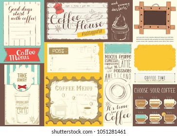 Coffee Menu Placemat Design. Colorful Template for Coffee House and Cafeteria. Retro Style Napkin with Infographic. Place for Text. Vector Illustration.