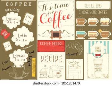 Coffee Menu Placemat Design. Colorful Template for Coffee Shop, Coffee House and Cafeteria. Retro Style Napkin. Place for Text. Vector Illustration.
