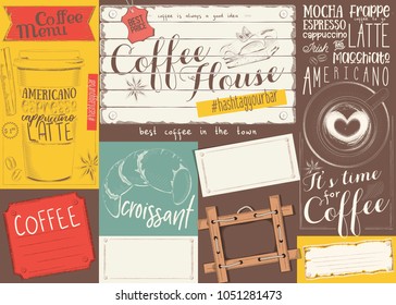Coffee Menu Placemat Design. Colorful Template for Coffee Shop, Coffee House and Cafeteria. Retro Style Table Cloth. Place for Text. Vector Illustration.