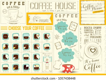 Coffee Menu Placemat Design. Colorful Template for Coffee House and Cafeteria. Retro Style Table Mat. Place for Text. Vector Illustration.