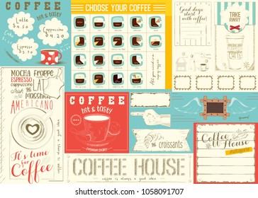 Coffee Menu Placemat Design. Colorful Template for Coffee House and Cafeteria. Old Style Table Mat. Place for Text. Vector Illustration.