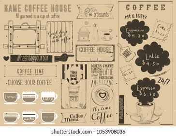 Coffee Menu Placemat Design. Craft Template for Coffee Shop and Cafeteria. Retro Style Table Mat. Place for Text. Vector Illustration.