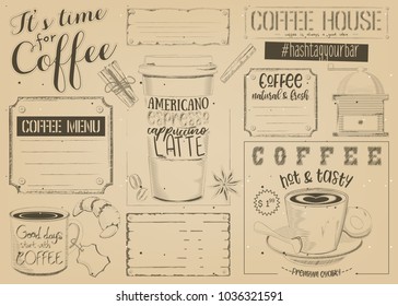 Coffee Menu Placemat Design. Template for Coffee Shop, Restaurant and Cafe. Vintage Style on Craft Paper. Place for Text. Vector Illustration.