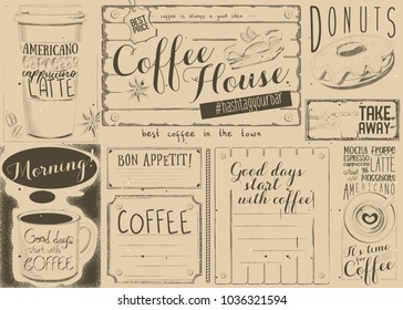 Coffee Menu Placemat Design. Template for Coffee Shop, Restaurant and Cafe. Retro Style on Craft Paper. Vector Illustration.