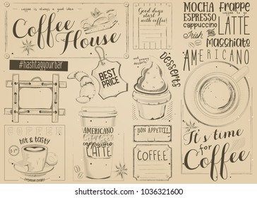 Coffee Menu Placemat Design. Template for Coffee Shop and Cafe. Retro Style on Craft Paper. Vector Illustration.