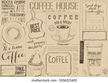 Coffee Menu Placemat Design. Template for Coffee Shop, Restaurant and Cafe. Vintage Style on Craft Paper. Place for Your Text. Vector Illustration.