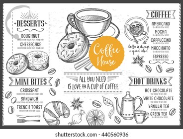 Coffee menu placemat food restaurant brochure, coffee shop template design. Vintage creative dinner template with hand-drawn graphic.