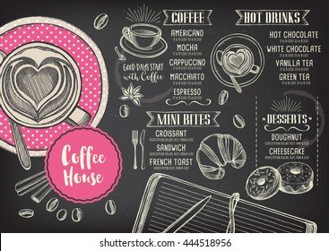 Coffee menu placemat food restaurant brochure, coffee shop template design. Vintage creative dinner template with hand-drawn graphic.