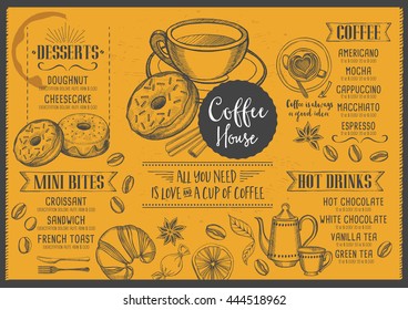 Coffee menu placemat food restaurant brochure, coffee shop template design. Vintage creative dinner template with hand-drawn graphic.