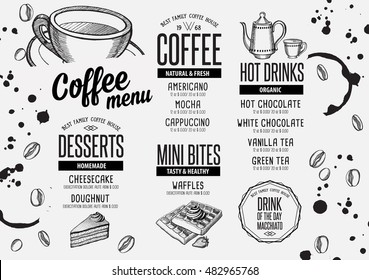 Coffee menu placemat food restaurant brochure, cafe template design. Vintage creative beverage flyer with hand-drawn graphic.