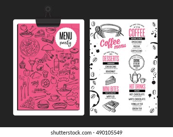 Coffee menu placemat food restaurant brochure; cafe template design. Vintage creative beverage flyer with hand-drawn graphic.