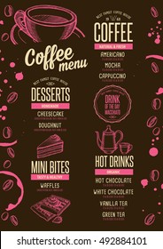 Coffee menu placemat food restaurant brochure; cafe template design. Vintage creative beverage flyer with hand-drawn graphic.