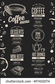 Coffee menu placemat food restaurant brochure; cafe template design. Vintage creative beverage flyer with hand-drawn graphic.