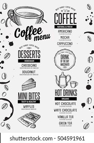 Coffee menu placemat food restaurant brochure; cafe template design. Vintage creative beverage flyer with hand-drawn graphic.
