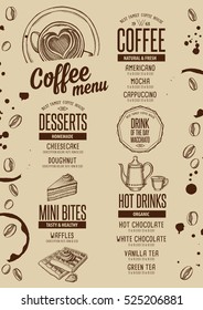 Coffee menu placemat food restaurant brochure; cafe template design. Vintage creative beverage flyer with hand-drawn graphic.