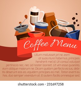 Coffee menu poster with cup mug coffee-bulb beans grinder vector illustration