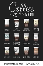 The coffee menu poster or layout. Espresso guide. Vector flat illustration. Different types of coffee beverage for menu shop, bar or restaurant. Hand drawn by chalk on black board in vertical style.