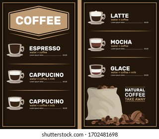 Coffee menu with price list. Types of coffee preparation with cup. Vector. Template flyers.