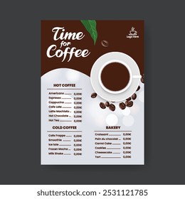 Menú de café, Plantilla de menú de Precio de café, cafetería y menú de comida de restaurante tamaño a4 Flyer de impresión de Vertical o diseño de Plantilla de póster con fondo de ilustración de granos de café