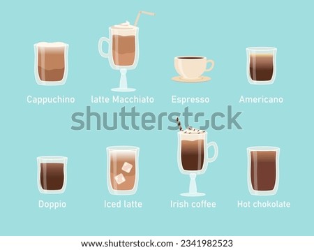 Coffee menu set. Cappuccino, espresso, americano and latte. Hot drinks. Menu cafe or restaurant. Poster or banner for website. Cartoon flat vector collection isolated on blue background