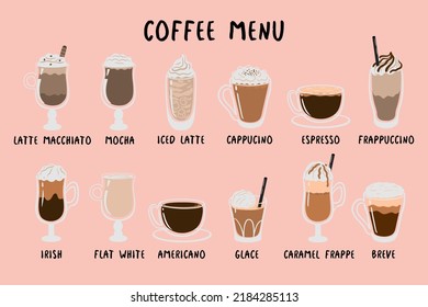 Coffee menu. Set of different types of coffee. Vector graphics.