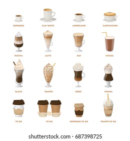 Coffee menu set on white background. All types of coffee drinks as latte, raf and more.