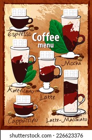 Coffee menu. Stylized coffee cups on paper background.  Elements in a file with transparency.