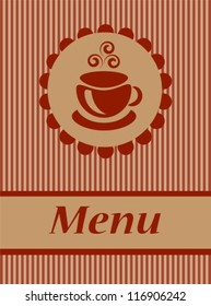 coffee menu with a stylized image of coffee cup with steam on a brown background with stripes