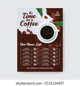 Coffee menu template, coffee menu card, Coffee shop vertical print flyer or poster template design with coffee mug and beans illustration background