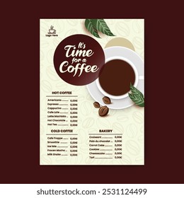 Coffee menu template, coffee menu card, Coffee shop vertical print flyer or poster template design with coffee mug and beans illustration background