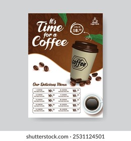 Coffee menu template, coffee menu card, Coffee shop vertical print flyer or poster template design with coffee mug and beans illustration background