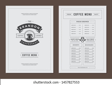 Coffee menu template design flyer for bar or cafe with coffee shop logo mug symbol and retro typographic decoration elements. Vector Illustration.